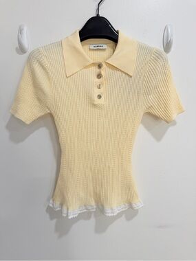 Sandro NWT Pale Yellow Ribbed Short-Sleeve Polo Top with Lace Hem